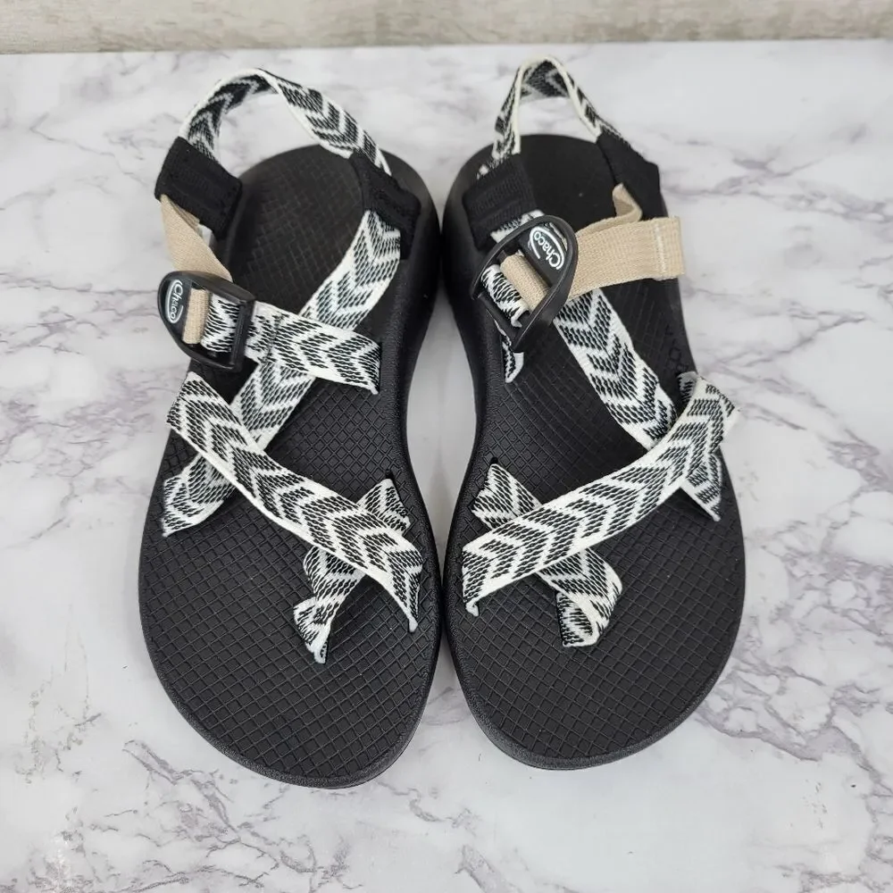 Chaco Women's Black Sandals with White Chevron Straps and Tan Accent